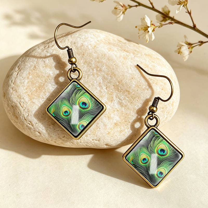 Women's Green Peacock Feather Rhombus Dangle Earrings